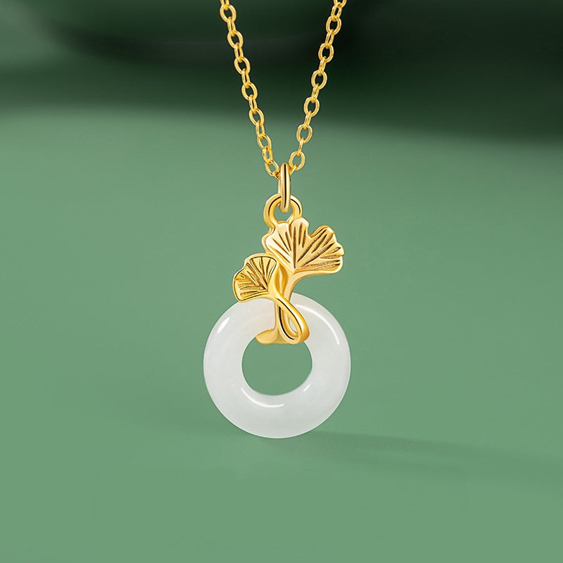 Ginkgo Nephrite Jade Peace Disc Necklace-Peace and Happiness