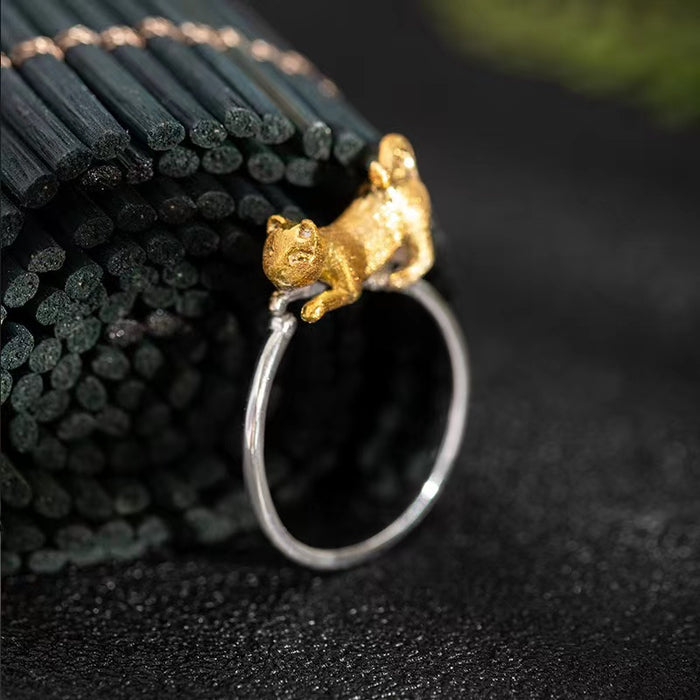 Original Design Gold Cat Silver Ring-Good Luck and Prosperity