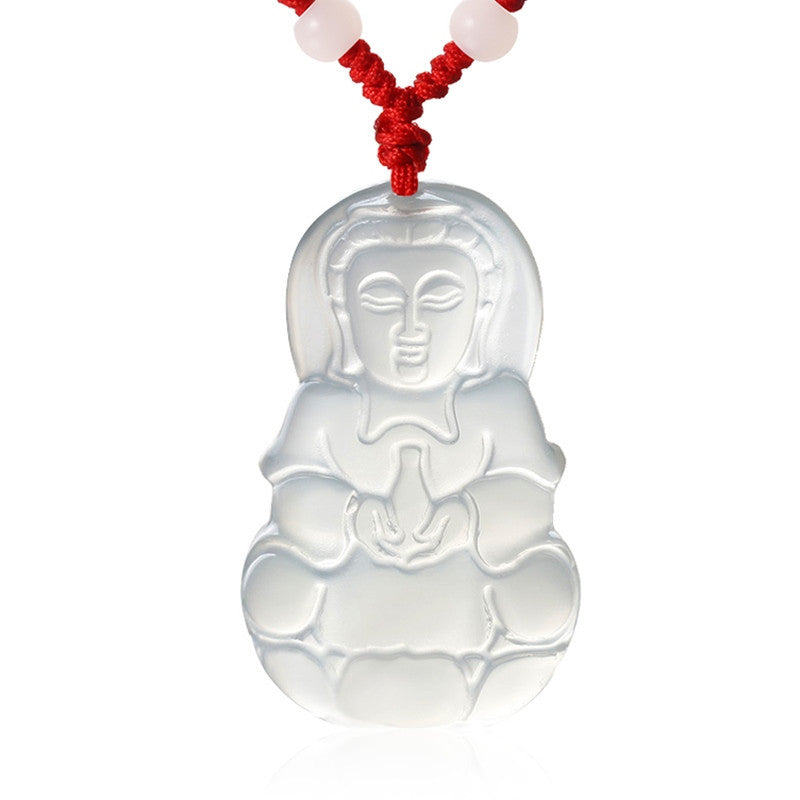 White Chalcedony Guan Yin Buddha Pendant Necklace