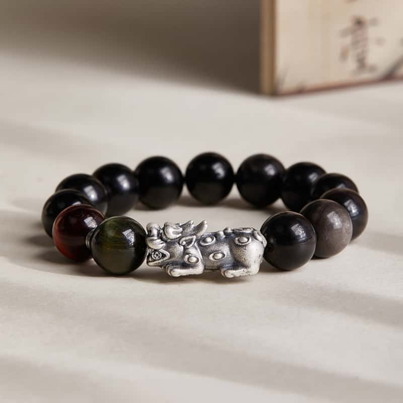 Pixiu Fine Silver and Silver Sheen Obsidian Beaded Bracelet-Grounding Strength