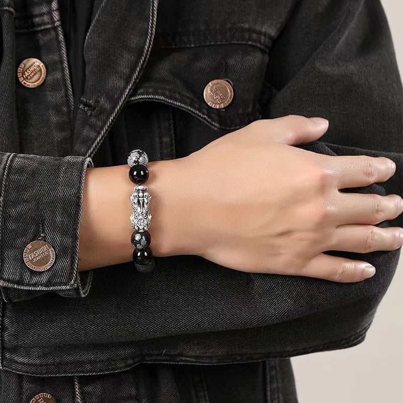 999 Silver Pixiu Obisidian Men`s Bracelet-Attract Luck
