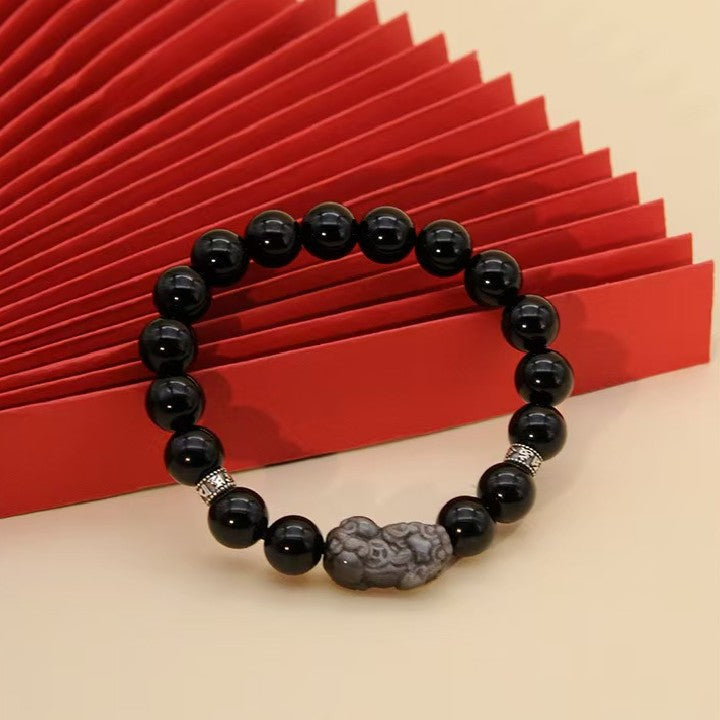 Silver Obisidian Pixiu Six True Words Bracelet-Attract Luck