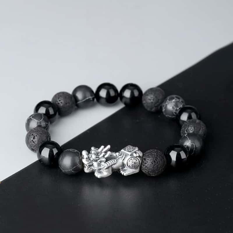 Welcoming Abundance-Pixiu Fine Silver and Obsidian Beaded Bracelet