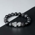 Welcoming Abundance-Pixiu Fine Silver and Obsidian Beaded Bracelet