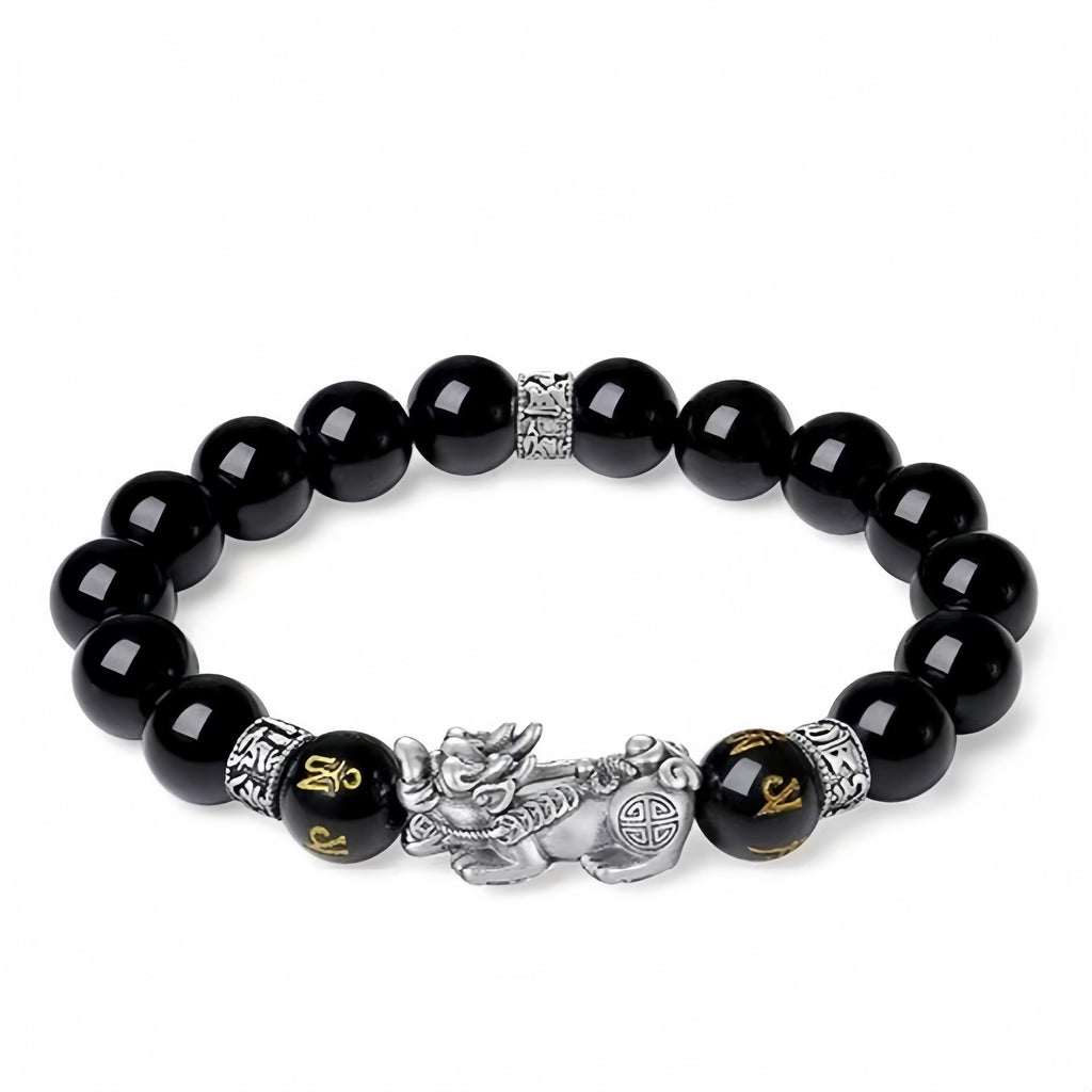 Mystic Guardian Pixiu Obsidian Bracelet in 999 Fine Silver