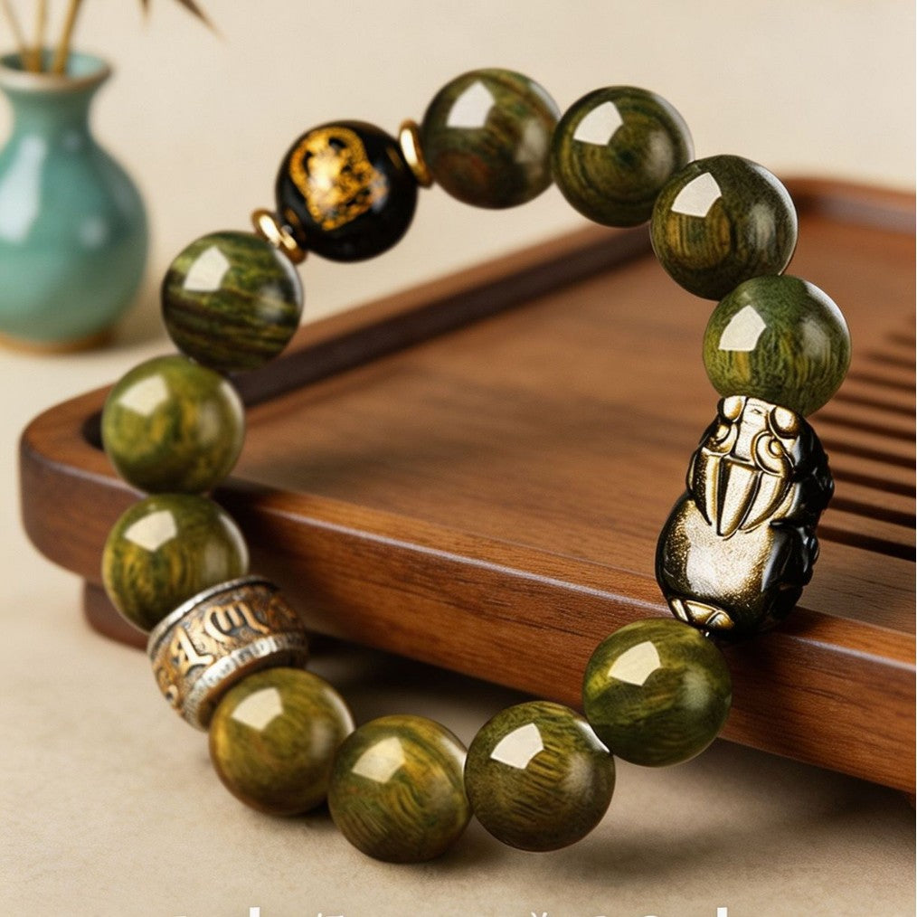 Gold Sheen Obsidian Pixiu Green Sandalwood Bracelet-Grounded Prosperity