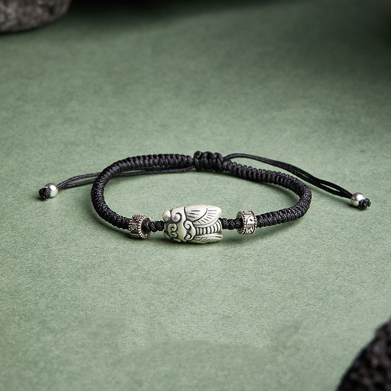 Sterling Silver Cicada Bracelet – Handwoven Cord with Vintage Finish