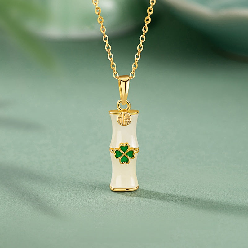 A Wish for Peace and Happiness-Bamboo Clover Nephrite Jade Necklace