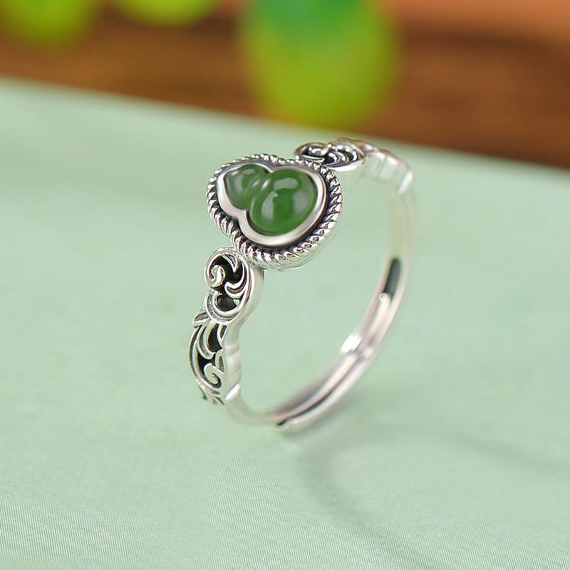 Green Jade Calabash Silver Ring-Fortune Prosperity