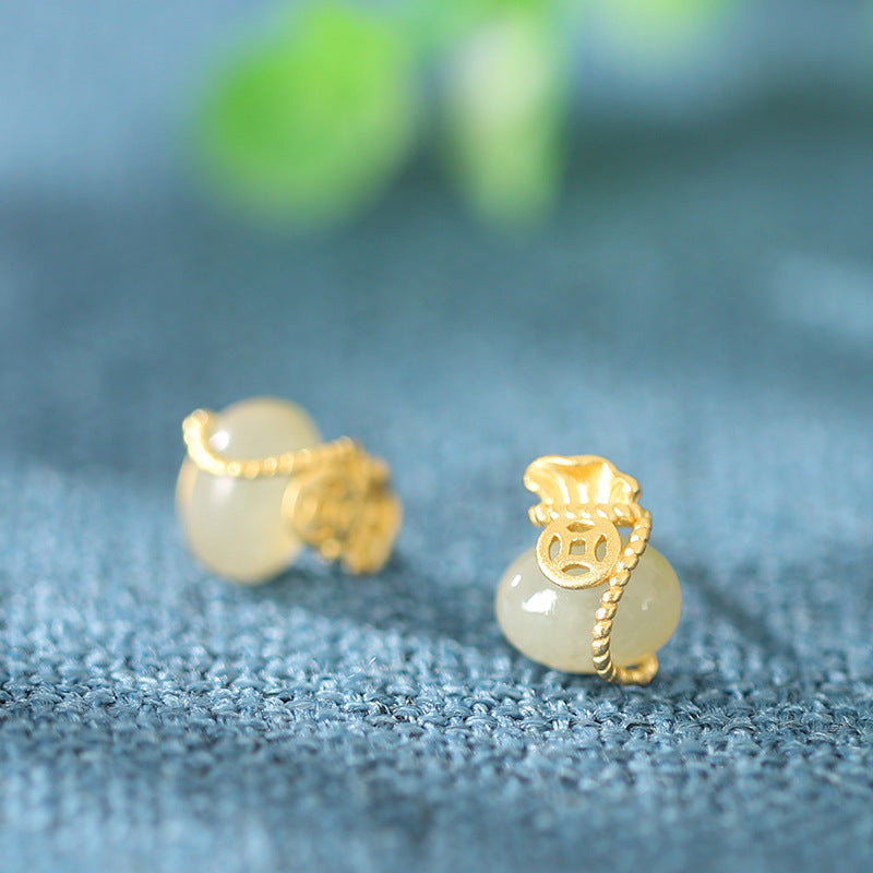 Fortune Pouch Gemstone Stud Earrings-Good Wishes Held Close