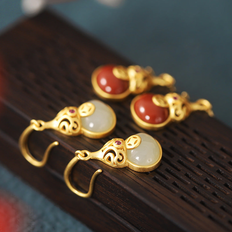 Gourd Nephrite Jade & Red Agate Drop Earrings-A Wish for Plenty