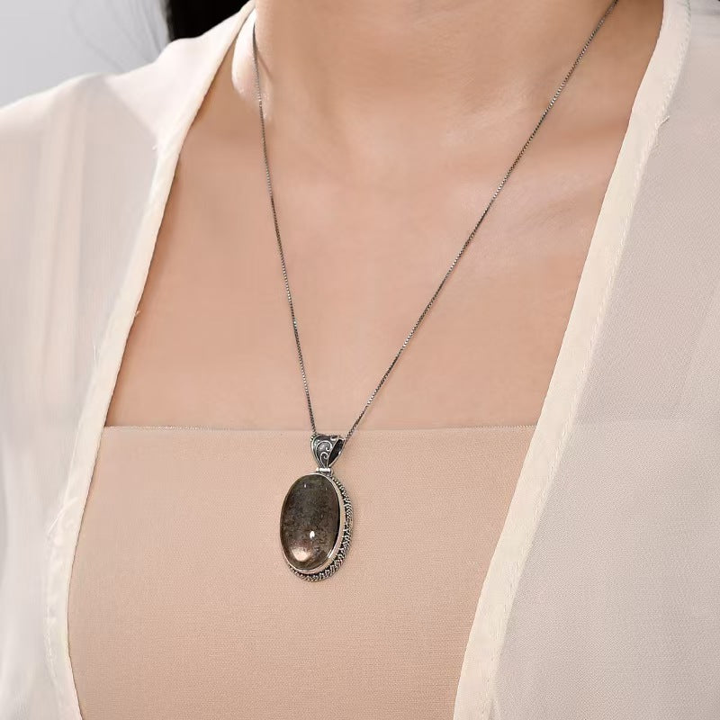 Black Phantom Quartz Vintage Pendant Necklace-Stress Relief and Emotional Balance