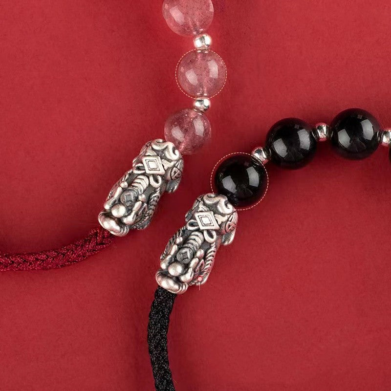 Silver Pixiu Obsidian Beads String Bracelet-Attract Luck