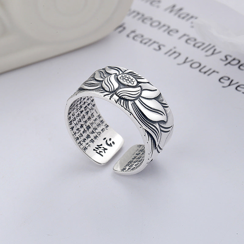 Lucky Lotus Heart Mantra Silver Ring