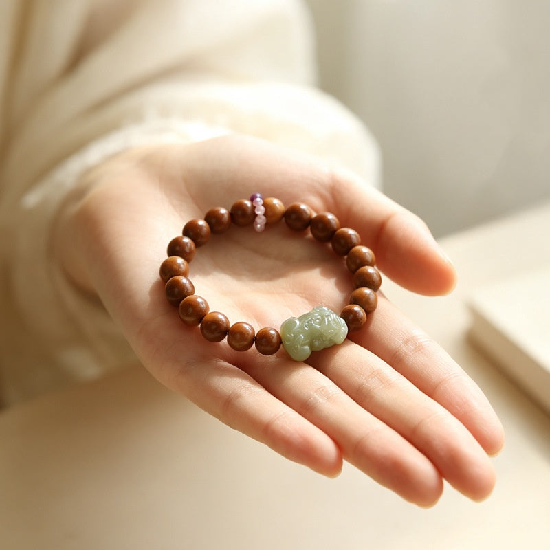 Hand-Carved Hetian Jade Pixiu Babassu Bead Bracelet-Quiet Prosperity