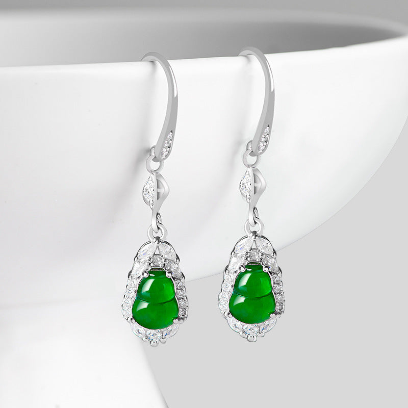Pair of green jade Wulu drop earrings with silver hooks and crystal halos