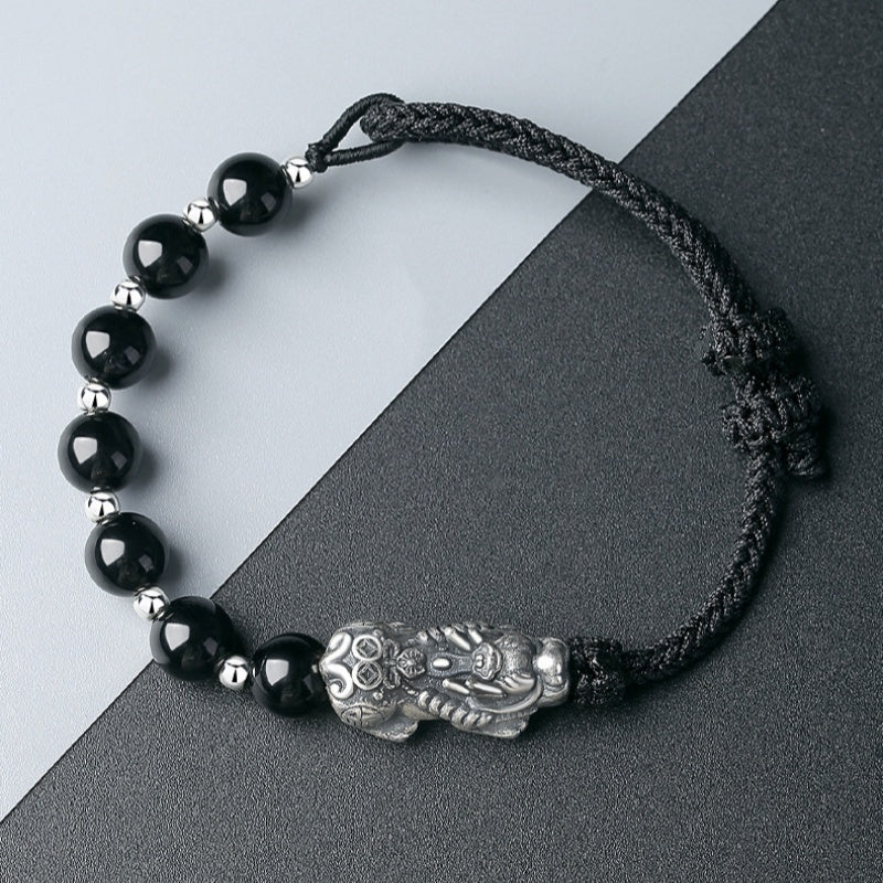 Wealth and Blessing-Pixiu Fine Silver and Obsidian Braided Bracelet