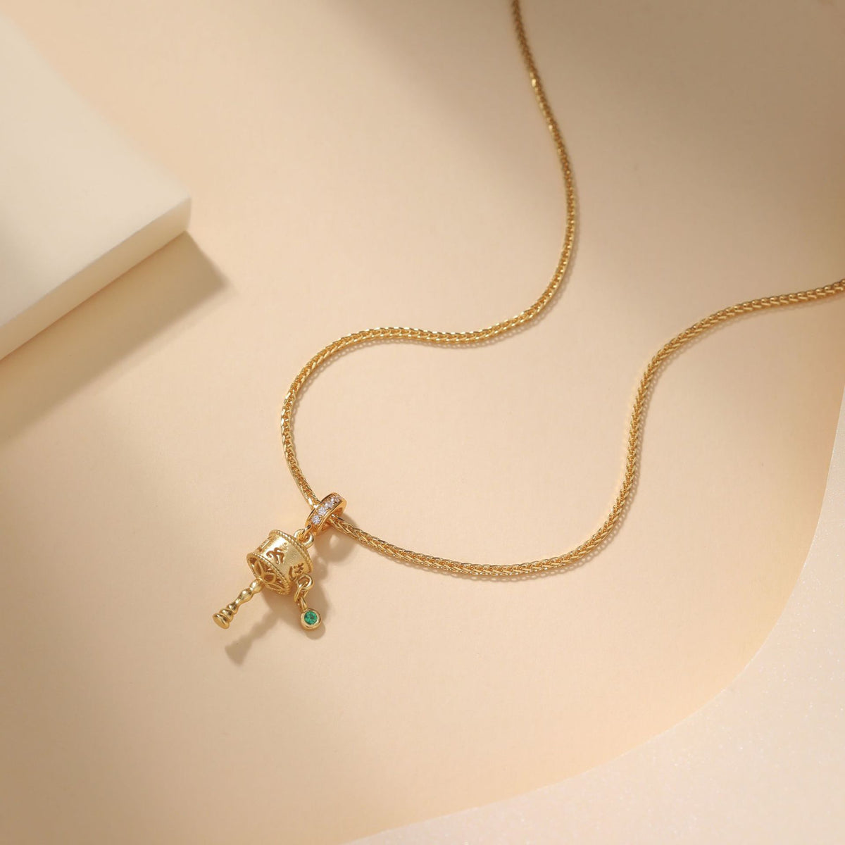 Green Agate Tibetan Prayer Wheel Gold-Plated S925 Silver Necklace-Quiet Motion