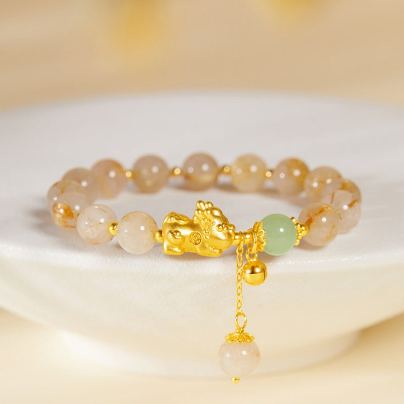 Welcoming Prosperity-Pixiu Gold Rutilated Quartz and Nephrite Jade Beaded Bracelet