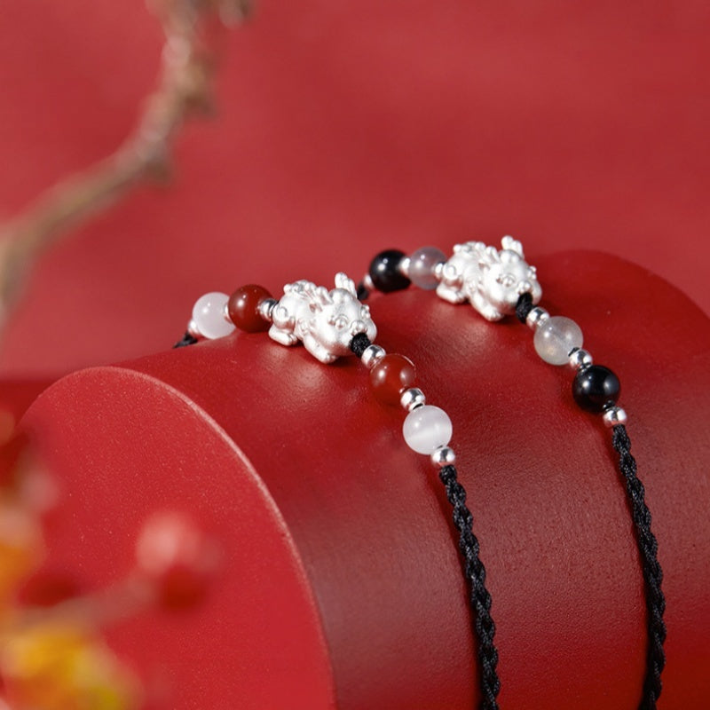 Pixiu Obsidian and Red Agate Braided Couple Necklace Set-Good Fortune Ahead
