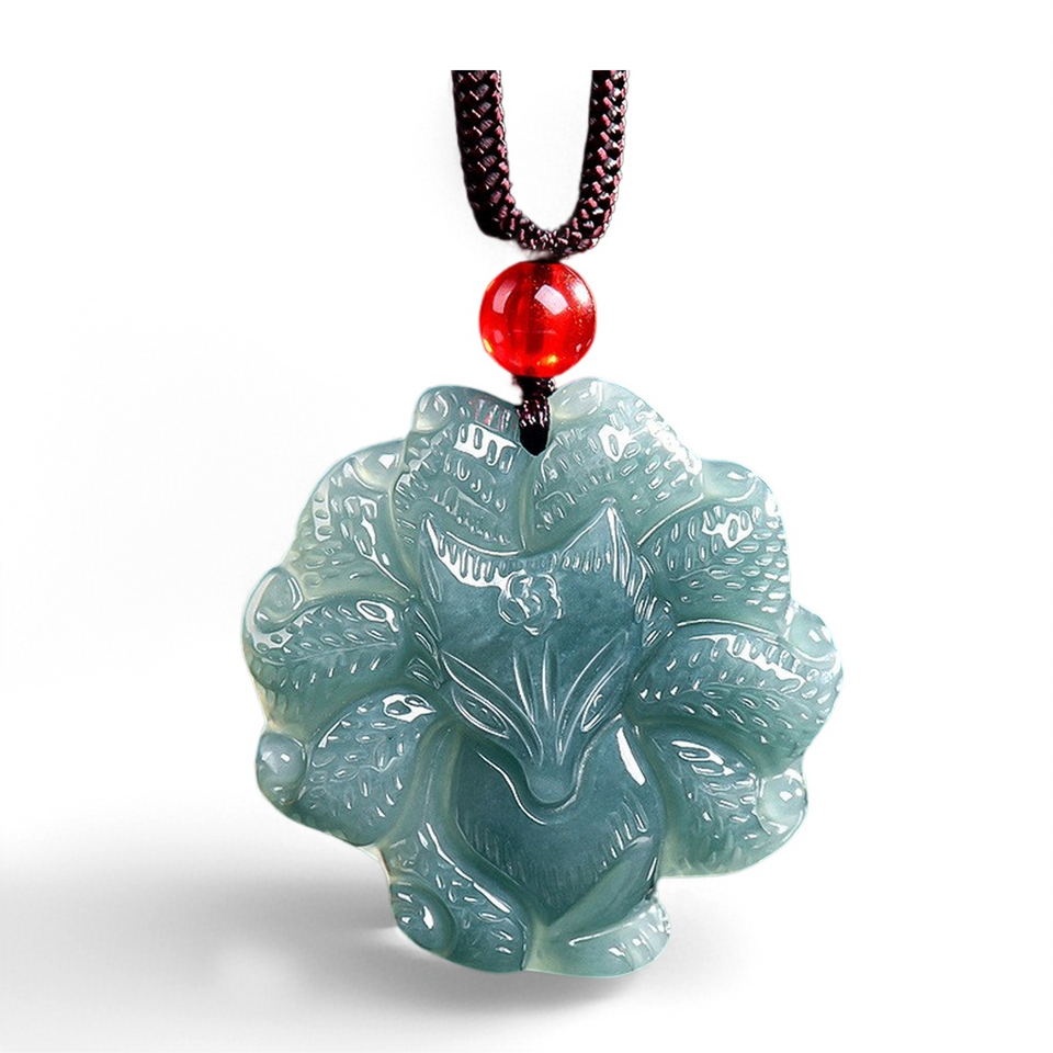 Nine-Tailed Fox Natural Blue Jadeite Pendant – Genuine A Jade Necklace in Glutinous Variety