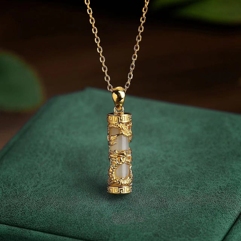 Ancient Craftsmanship Jade Dragon Pillar Necklace Pendant -Fortune Prosperity