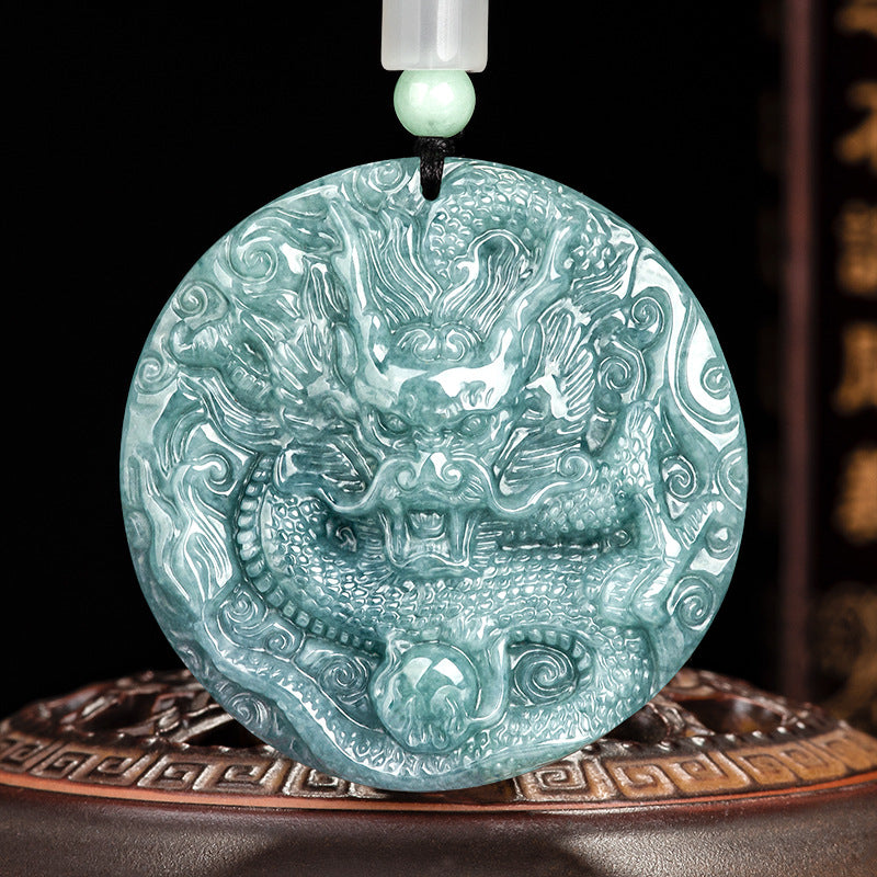 Grade A Blue Jadeite Dragon Pendant – Bold Ice Variety Jade Necklace for Men