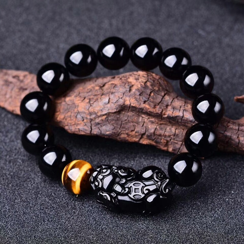 Natural Rainbow Obsidian Pixiu Yellow Tiger`s Eye Bead Protection Bracelet