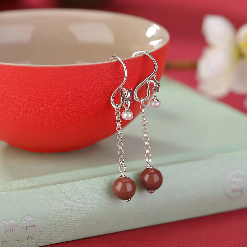 Auspicious Dragon Pearl Silver Drop Earrings-Fortune Prosperity