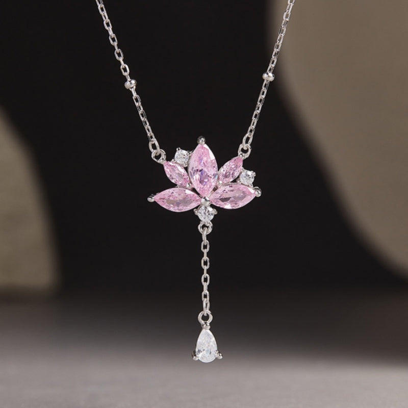 Lighthearted Bloom-Pink Lotus Silver Tassel Necklace