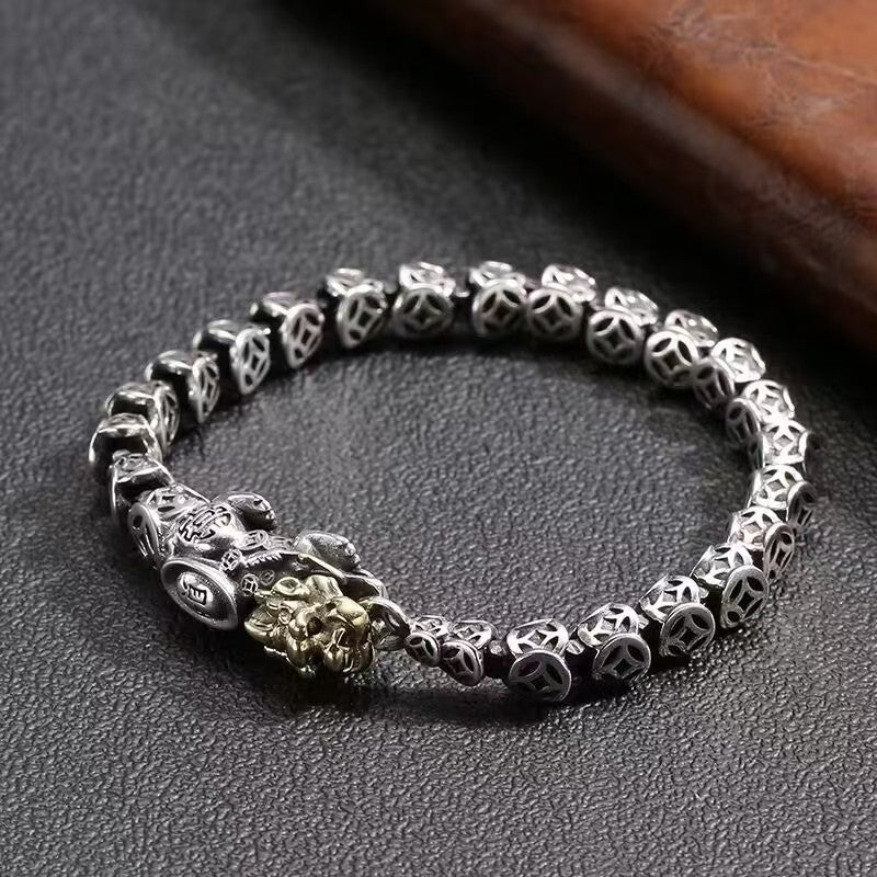 Vintage Silver-Plated Pixiu Coin Bracelet – Bold Design for Wealth & Protection