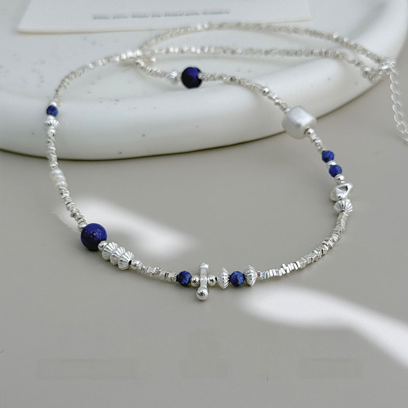Lapis Lazuli Freshwater Pearl Silver Necklace-Starry Hymn