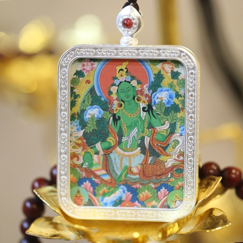 Green Tara Thangka Ghau Pendant Necklace-Quiet Compassion