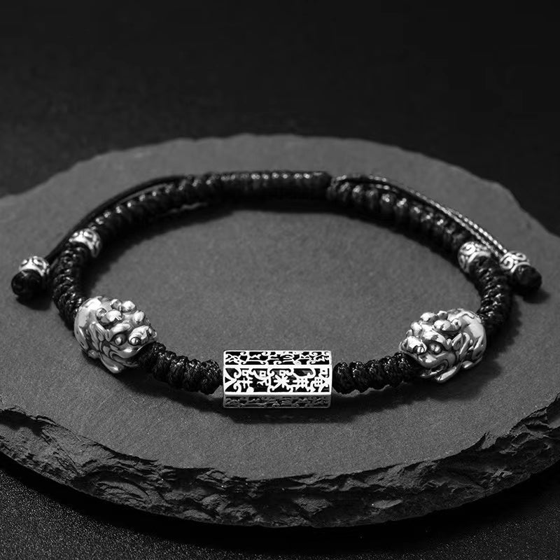 Double Silver Pixiu Men`s Bracelet-Attract Luck