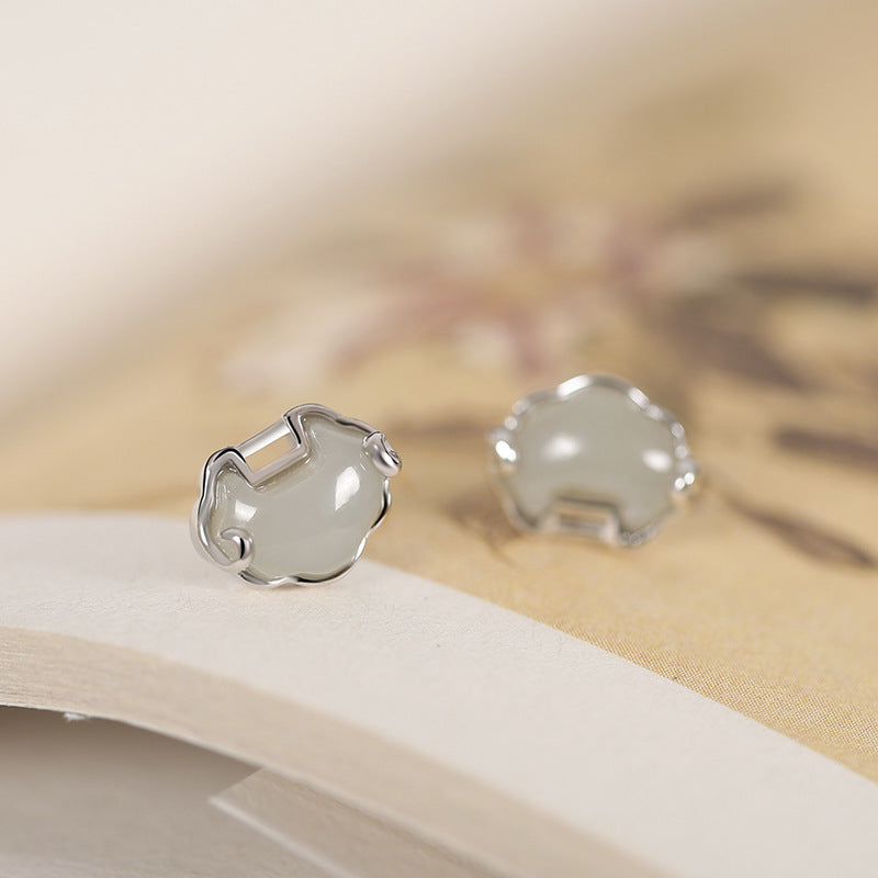Peace Lock Nephrite Jade S925 Silver Stud Earrings-Held with Love