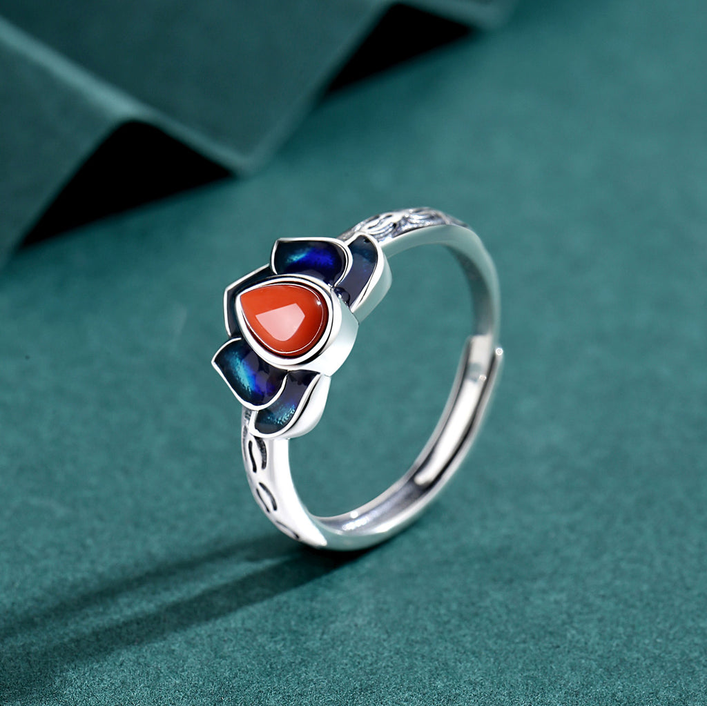 Quiet Elegance-Lotus Blue Enamel & Nanhong Agate Ring