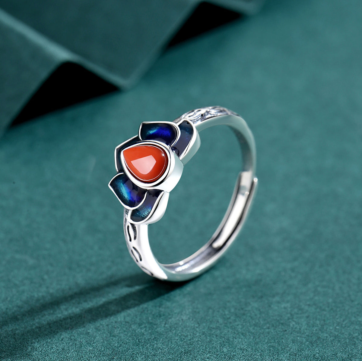 Quiet Elegance-Lotus Blue Enamel & Nanhong Agate Ring