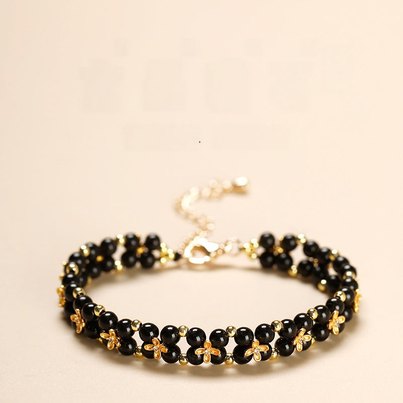 Quiet Fortune-Four-Leaf Clover Black Obsidian Bracelet