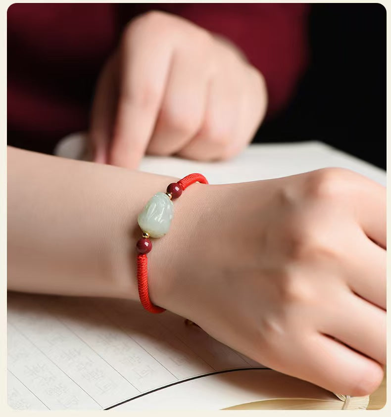 Hetian Jade Pixiu Hand-Woven String Couple Bracelet-Protection and Wealth