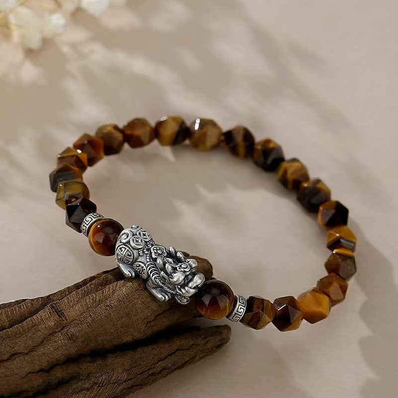 Tiger Eye Stone Silver Pixiu Bracelet -Attract Wealth