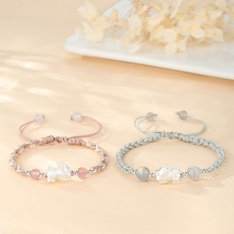 Pixiu Strawberry Quartz Grey Moonstone Couple Cord Bracelet-Joyful Blessing