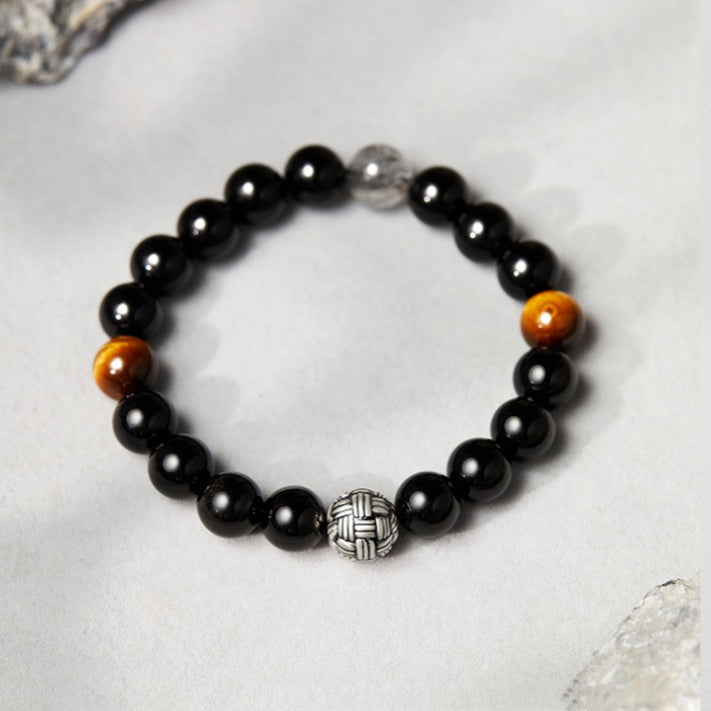 Intertwined Hearts-Fine Silver & Obsidian Bead Bracelet