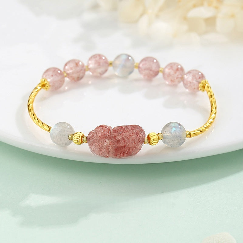 Strawberry Quartz Pixiu & Moonstone Bracelet–Fortune, Love & Emotional Harmony