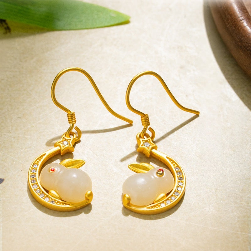 A Little Wonder-Moon Rabbit Nephrite Jade Earrings