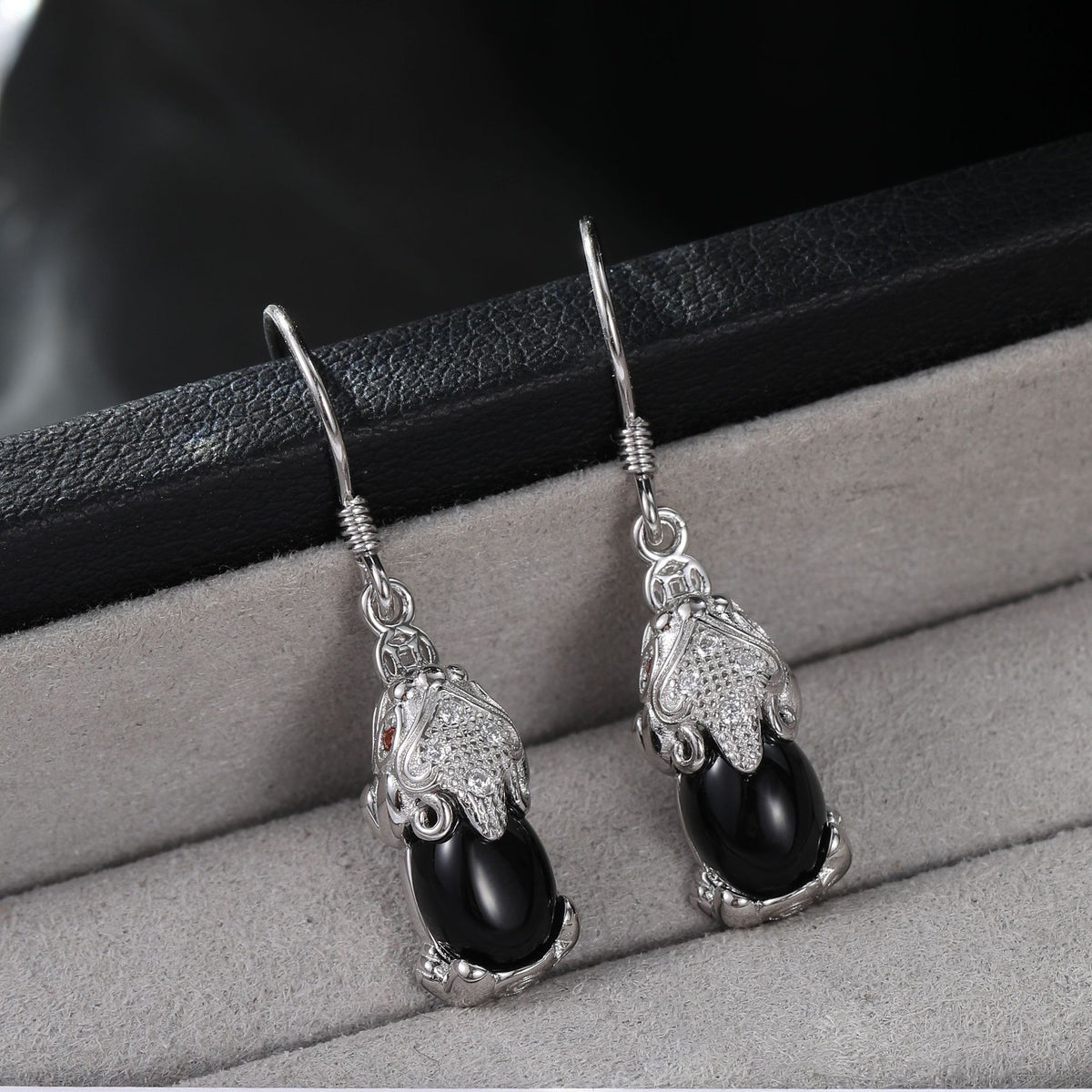 Wealth and Protection-Pixiu Black Agate Drop Earrings