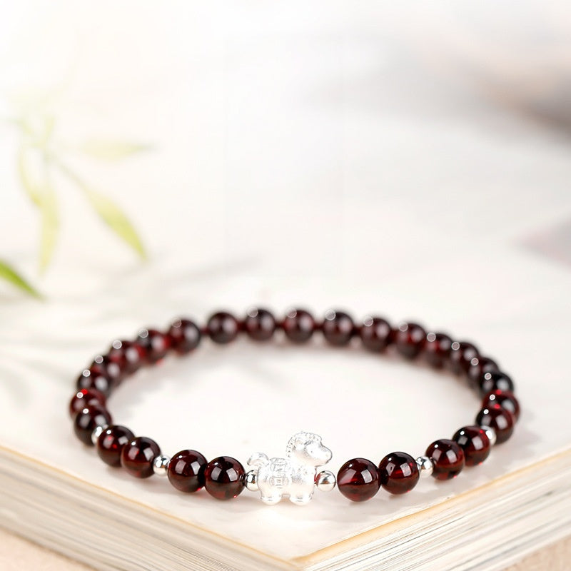 Silver Lucky Horse Garnet Bracelet-Forward with Courage