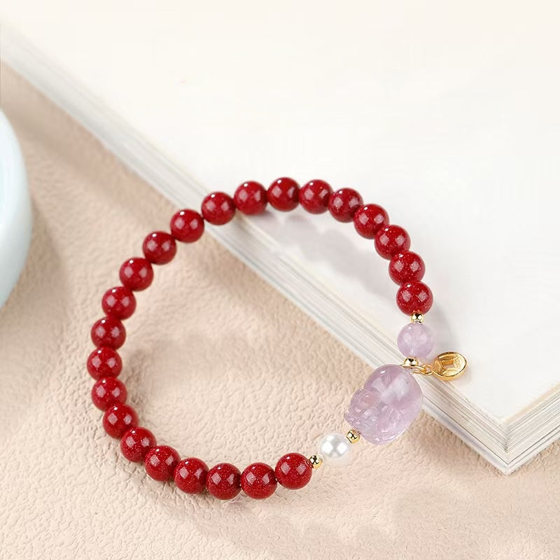 Imperial Amethyst Pixiu & High-Purity Cinnabar Wealth Bracelet