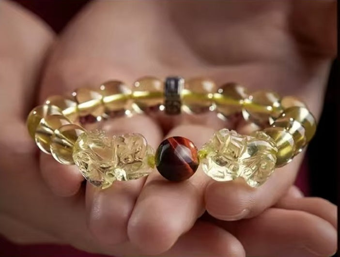 Natural Citrine Double Pixiu Tiger`s Eye Wealth Bracelet