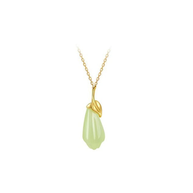 Gold Branch Jade Magnolia Pendant Necklace- wealth and prosperity