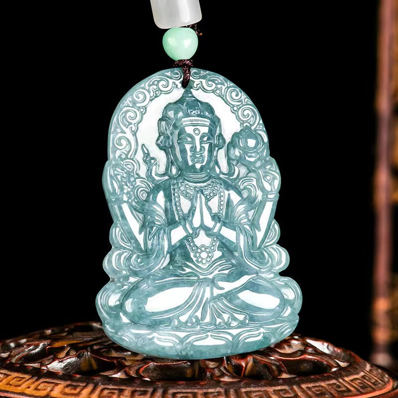 Guanyin Buddha Protection Pendant-Natural Blue Ice Jade
